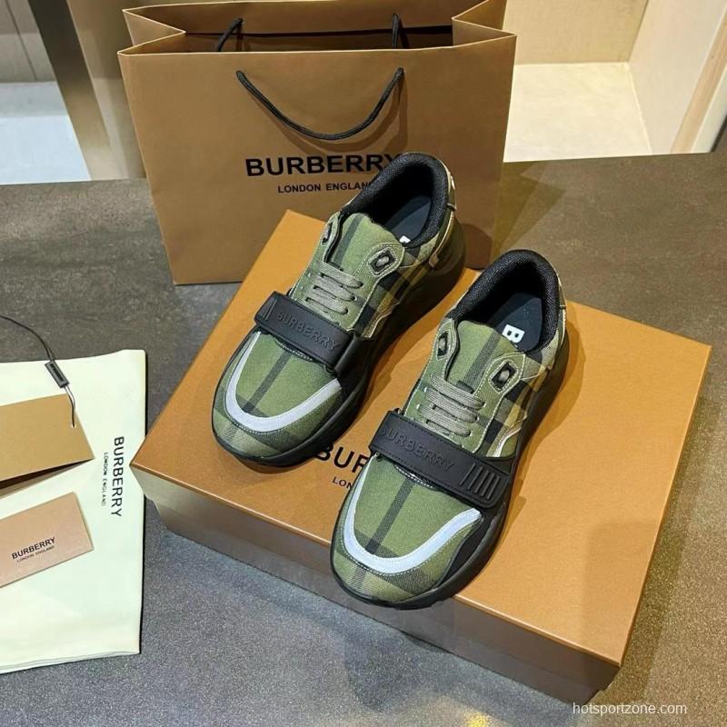 2025 Unisex Burberry Green Black Cotton Calfskin Suede Sneakers MJ00360(W)