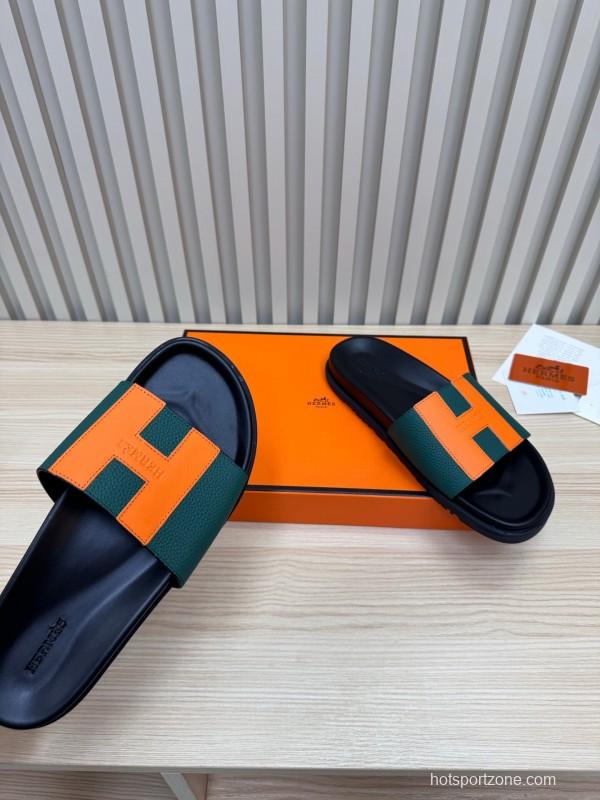 2025 Hermès Green Orange Leather Slippers