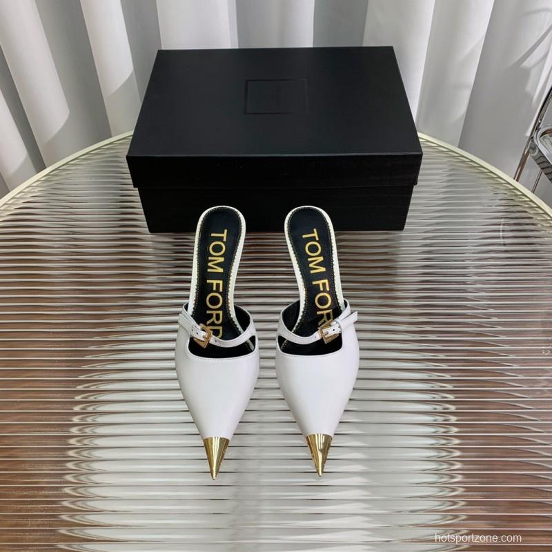 2025 Women TOM FORD White Gold Leather Pointed Toe Mules