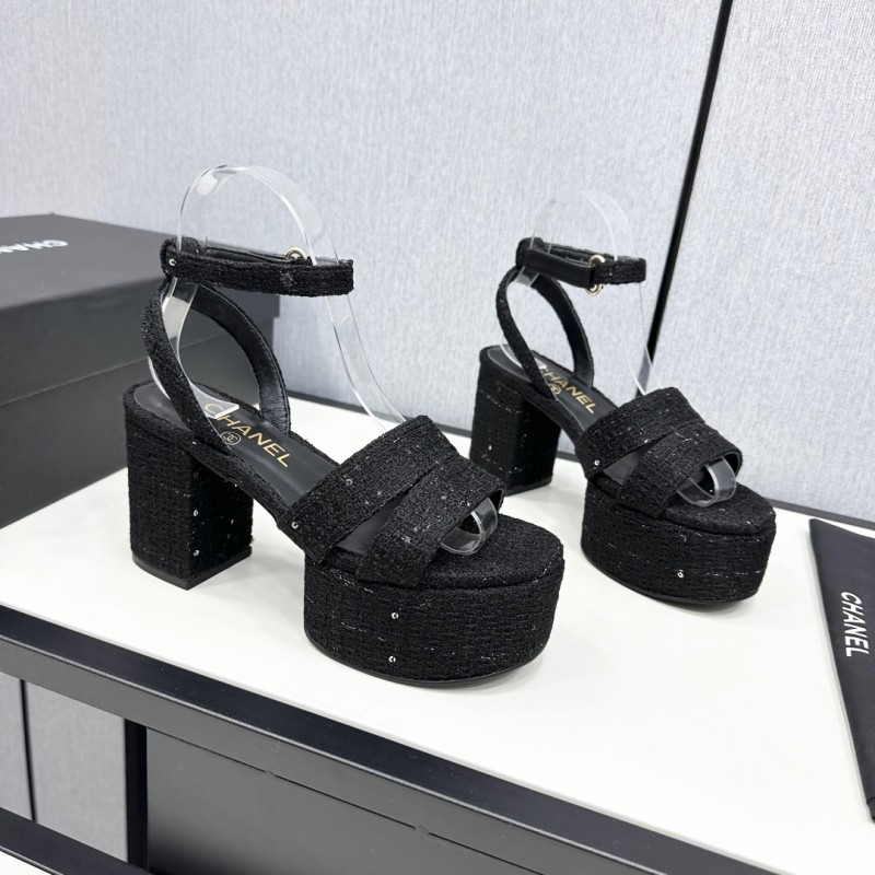 2025 Women Chanel Black Fabric Platform Sandals KFY00310