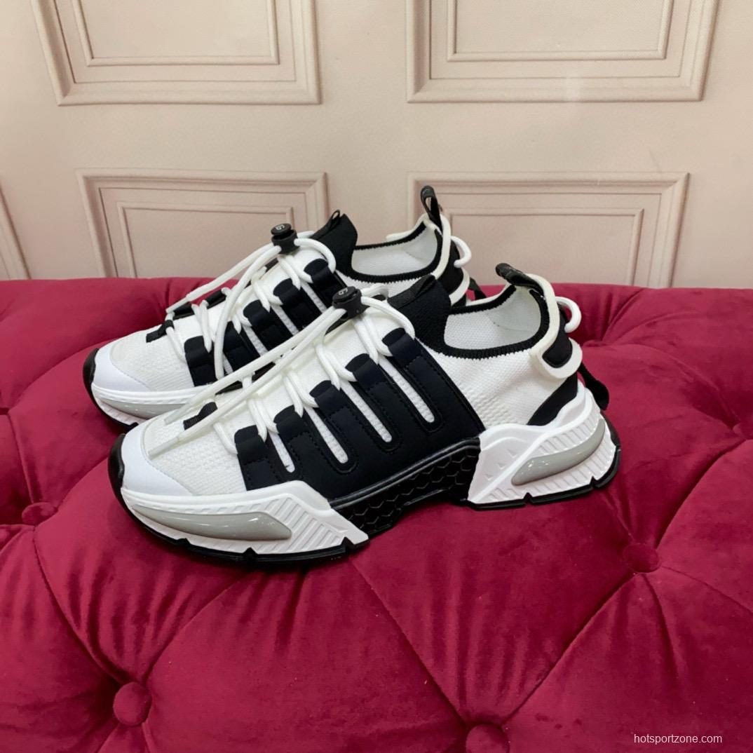 2024 Unisex Dolce & Gabbana Black White Knit Leather Sneakers MJ00340