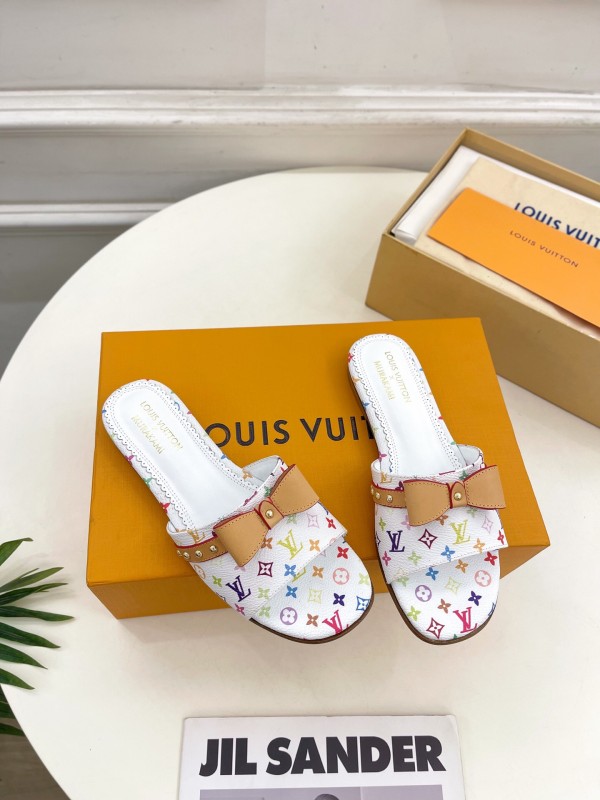 2025 Women Louis Vuitton White Multicolor Leather Slippers KFY00290