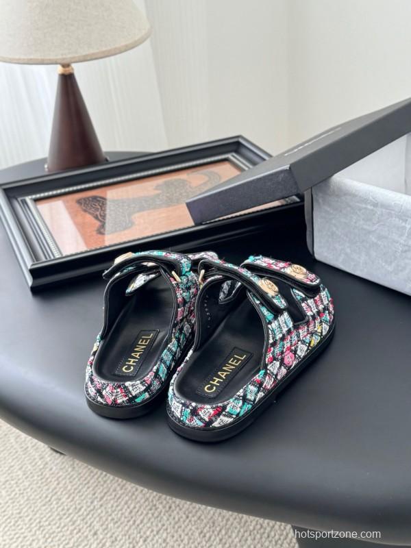 2025 Women Chanel Multi Color Fabric Leather Sandals LY00310
