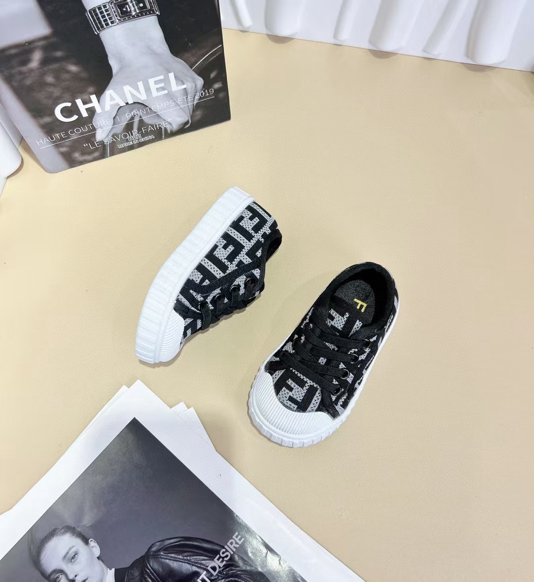 2024 Kids Fendi Black Brown Canvas Sneakers