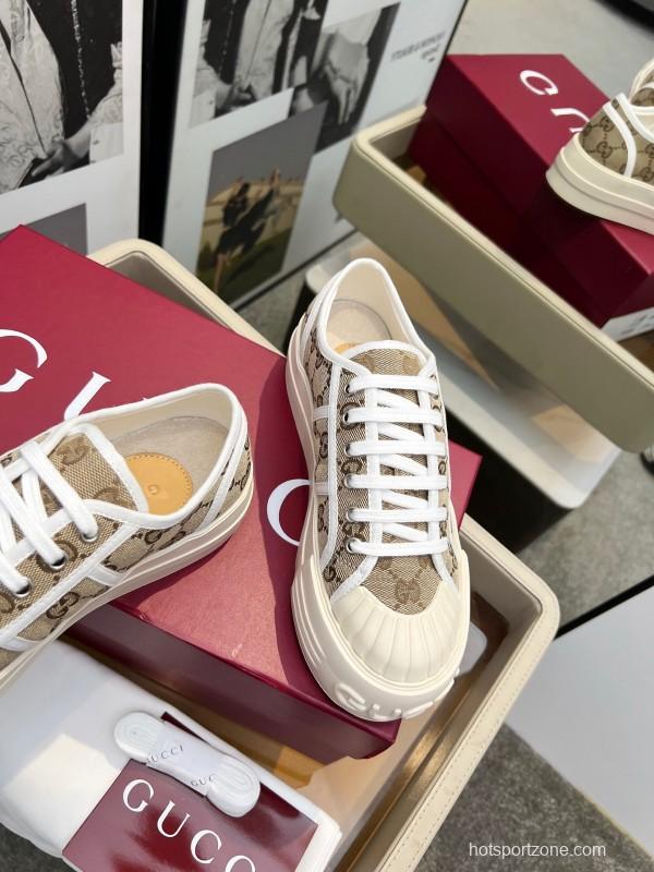 2025 Women Gucci Beige Brown Canvas Platform Sneakers LY00270