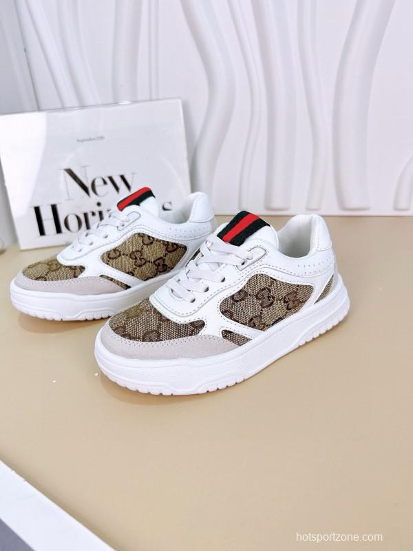 2024 Kids Gucci White Brown Cotton Leather Sneakers