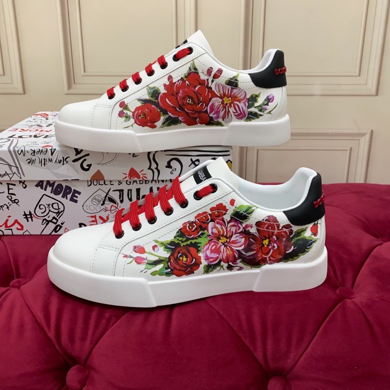 2025 Women Dolce & Gabbana White Red Leather Sneakers Floral LY00300