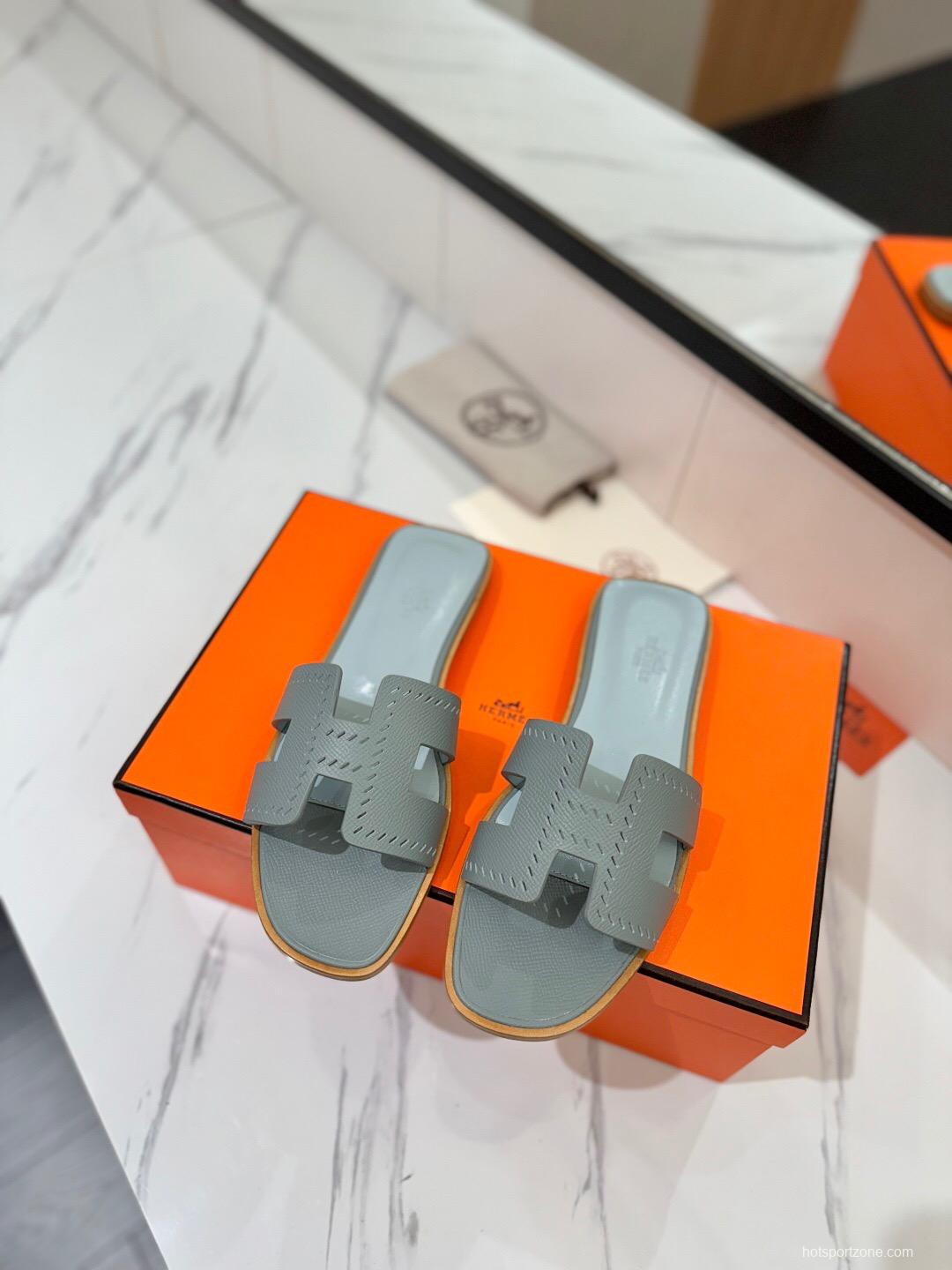 2025 Women Hermès Gray Leather Slippers H Style