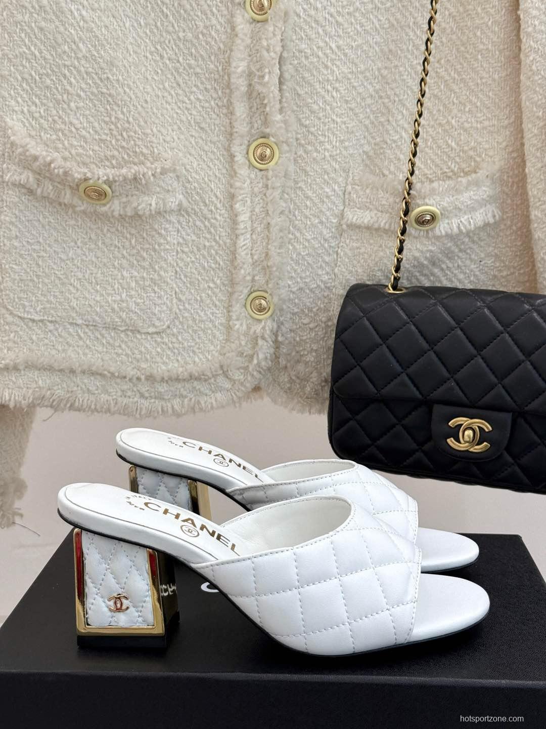 2025 Women Chanel White Lambskin Quilted Heeled Slippers