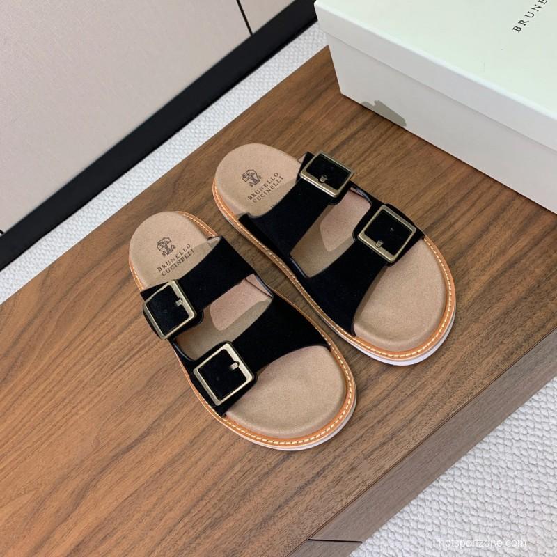 2025 Unisex Brunello Cucinelli Black Suede Leather Slippers KFY00250