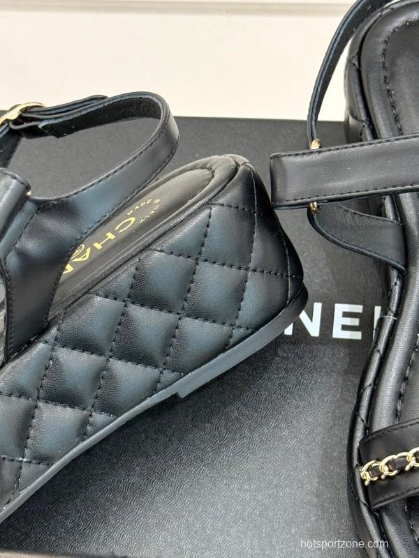2025 Women Chanel Black Lambskin Platform Sandals Chain KFY00270
