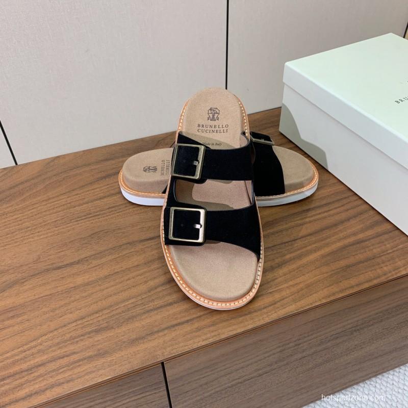 2025 Unisex Brunello Cucinelli Black Suede Leather Slippers KFY00250