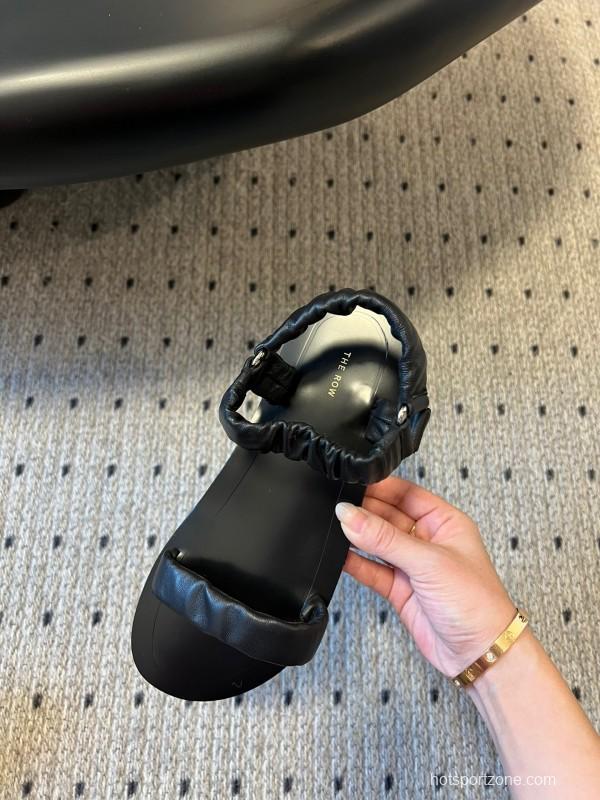 2025 Women The Row Black Leather Flat Sandals KFY00270