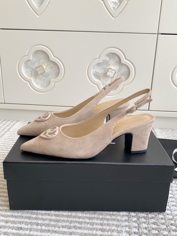 2025 Women Chanel Beige Suede Slingback Pointed Toe Heart CC Sandals