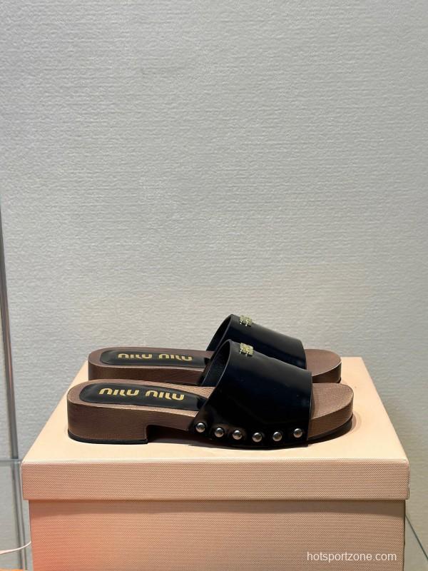 2025 Women Miu Miu Black Leather Slippers