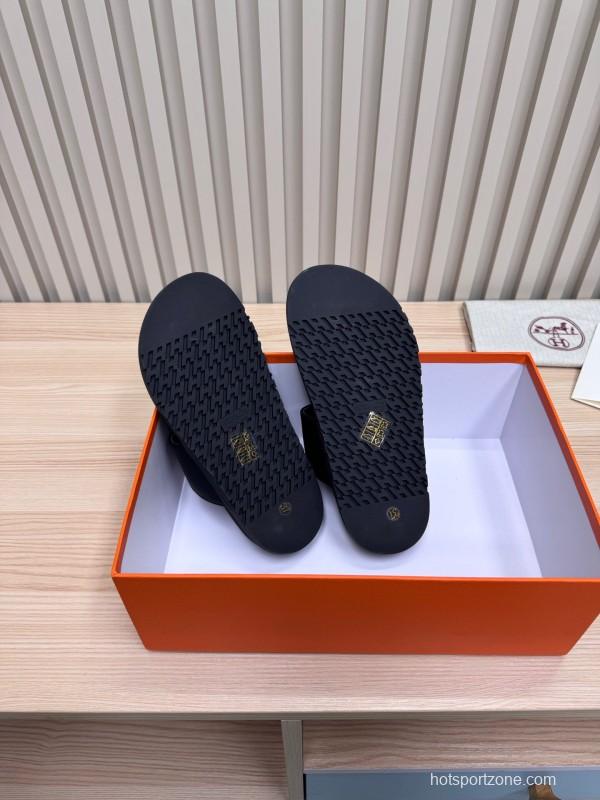 2025 Women Hermès Black Leather Slippers
