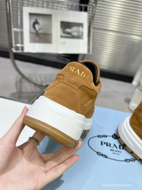 2025 Unisex Prada Brown Suede Leather Sneakers KFY00310