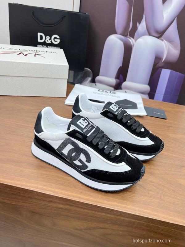 2025 Unisex Dolce & Gabbana Black White Mesh Suede Sneakers LY00300