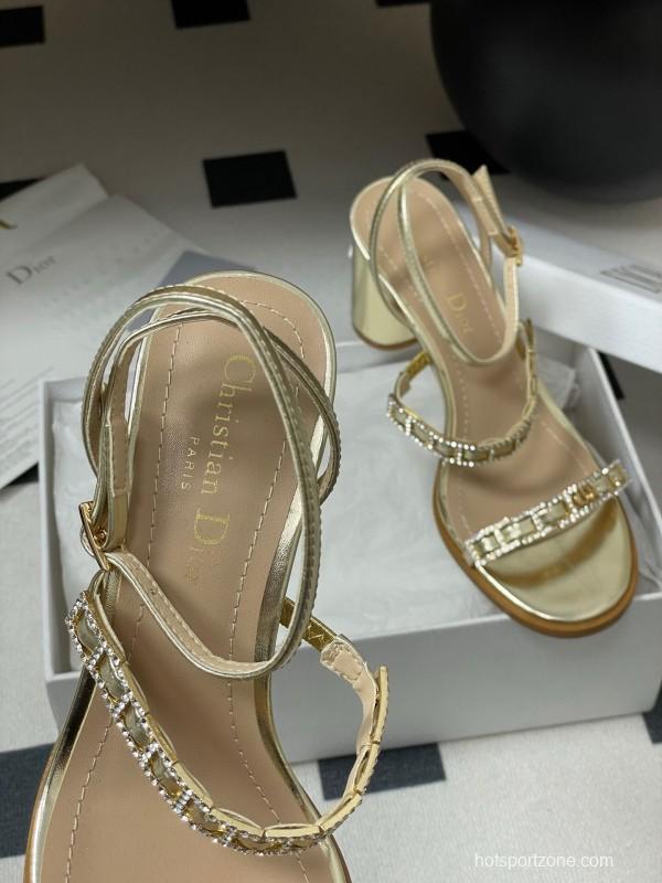 2025 Women Dior Gold Leather Crystal Block Heel Sandals