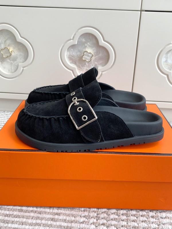 2025 Women Hermès Black Suede Mule Shoes Buckle KFY00290