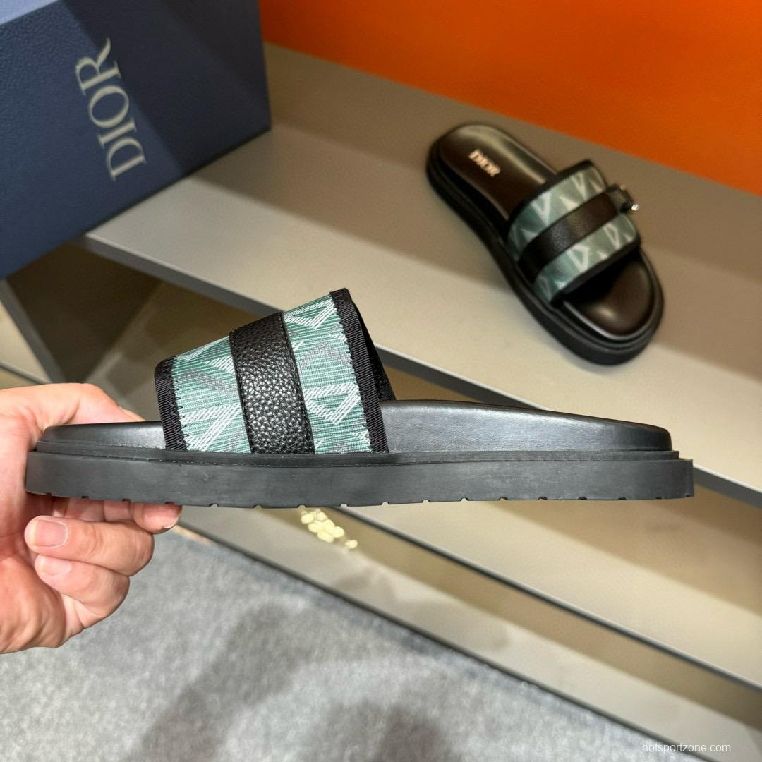 2024 Slippers Dior Green Black Leather Fabric Slippers