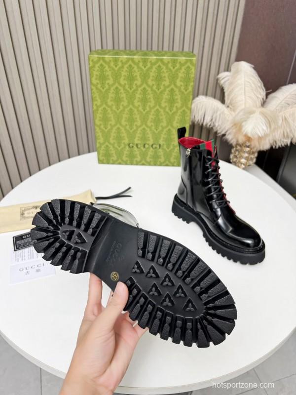 2024 Women Gucci Black Red Leather Ankle Boots MJ00340