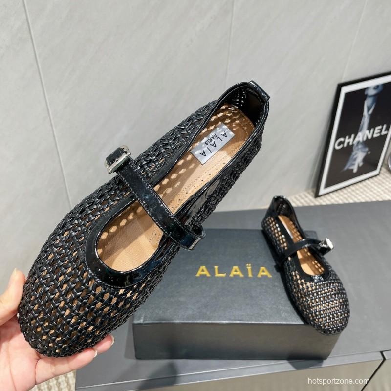 2025/Women Alaïa Black Woven Leather Mary Jane Flats LY00360(F)