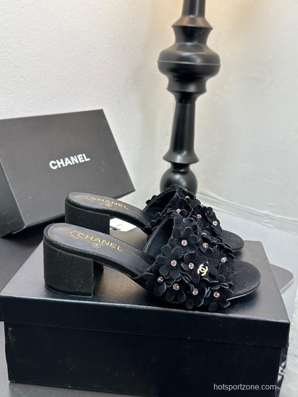 2025 Women Chanel Black Suede Heeled Slippers
