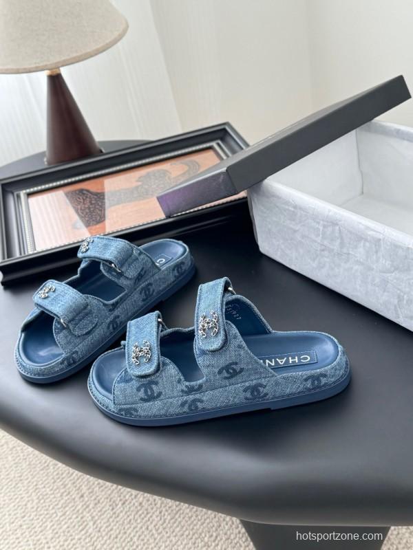 2025 Women Chanel Blue Denim Leather Slippers LY00310