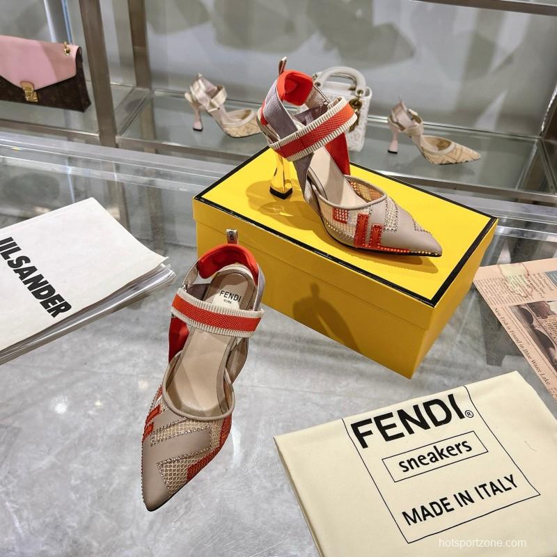 2025 Women Fendi Beige Orange Leather Fabric High Heels MJ00280