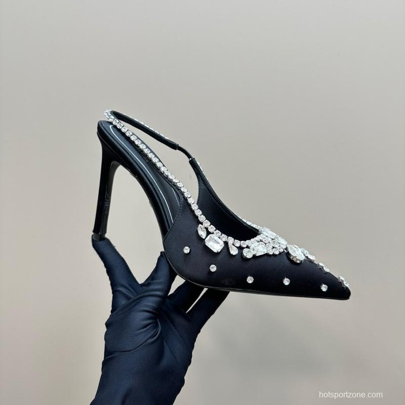 2025 Women Gucci Black Satin Slingback Heels Rhinestone MJ00340