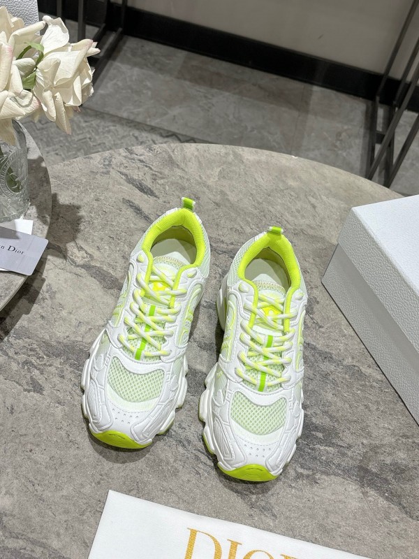 2025 Women Dior White Neon Yellow Mesh Leather Sneakers KFY00370