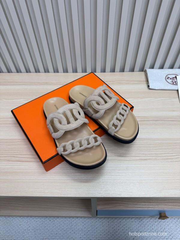 2025 Women Hermès Beige Suede Slippers