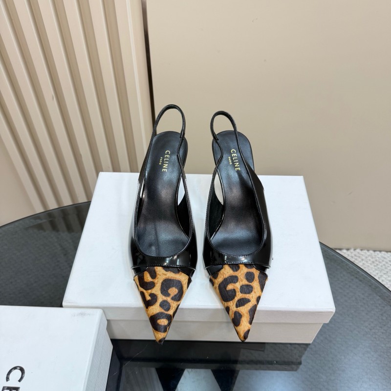 2025 Women CELINE Black Leopard Print Patent Leather Slingback Pumps