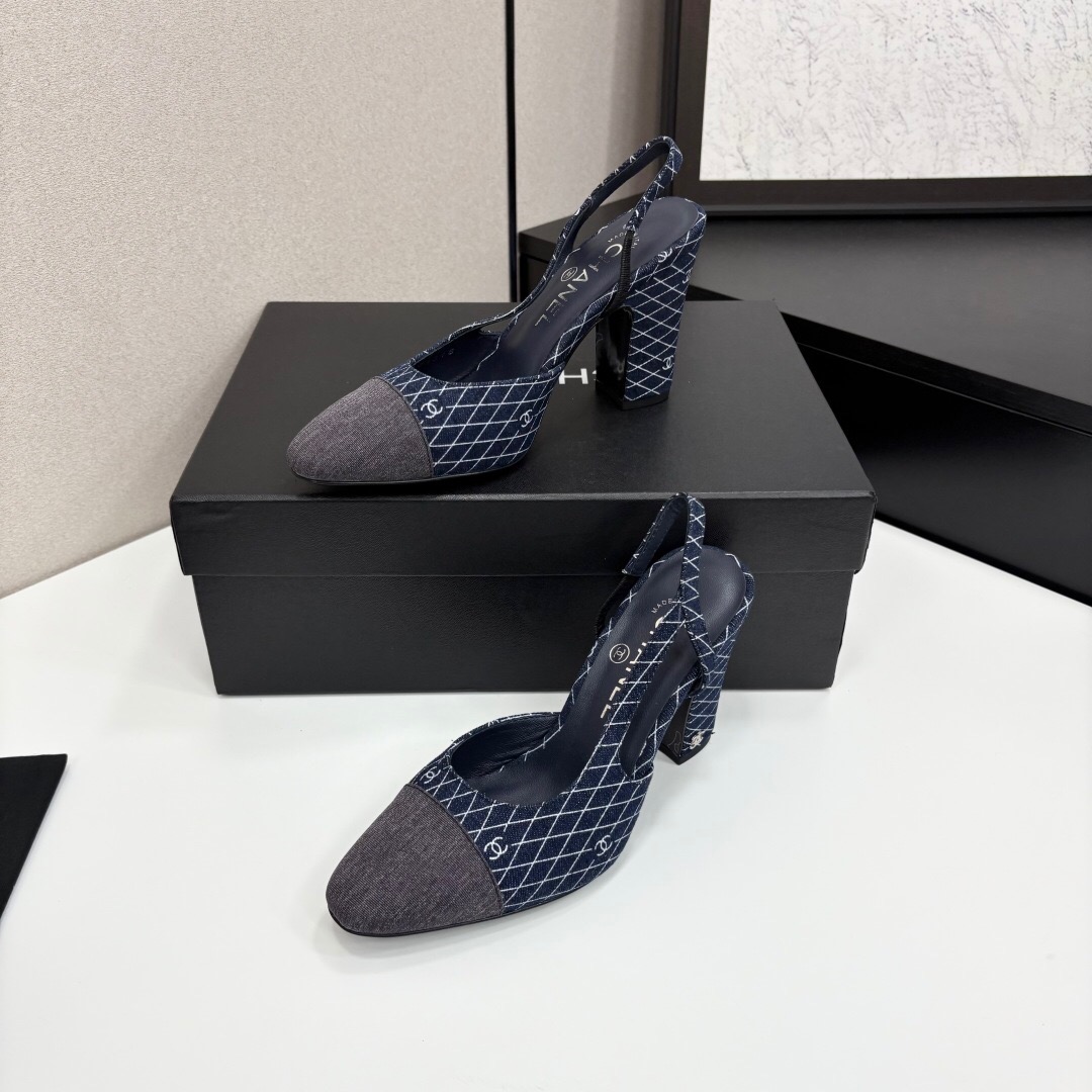 2025 Women Chanel Blue Denim Fabric Slingback Shoes