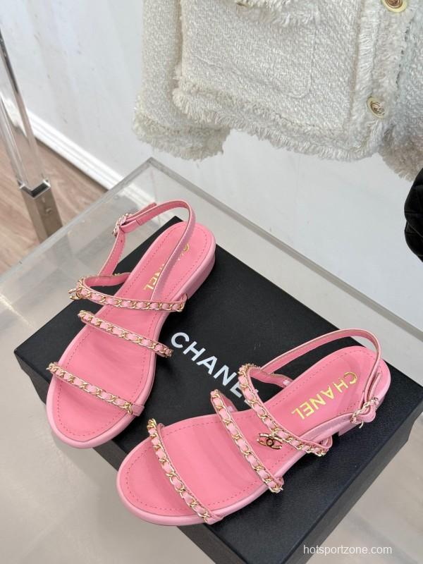 2025 Women Chanel Pink Leather Chain Strap Sandals