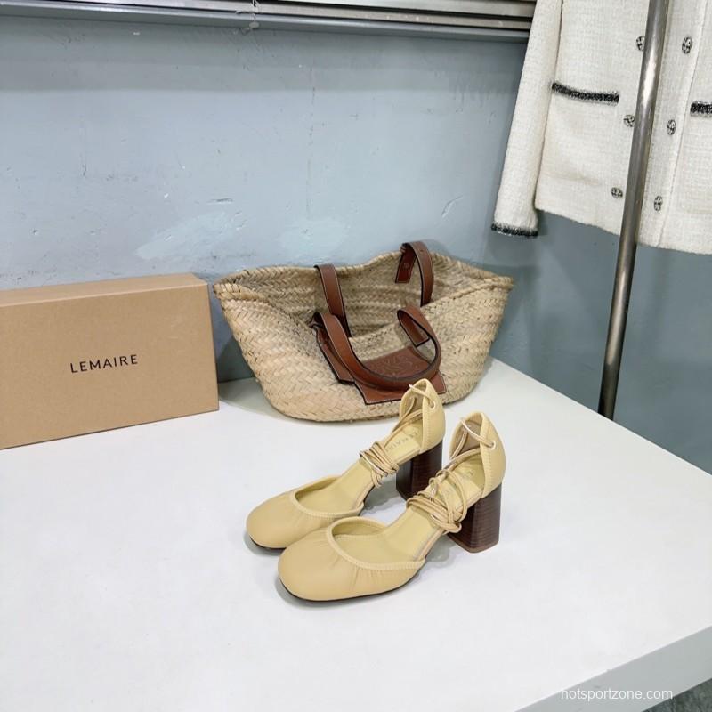 2025 Women LEMAIRE Pale Yellow Lambskin Mary Jane Heeled Shoes