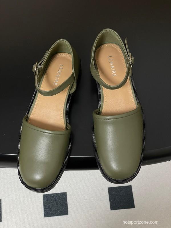 2025 Women Lemaire Green Leather Mary Jane Shoes