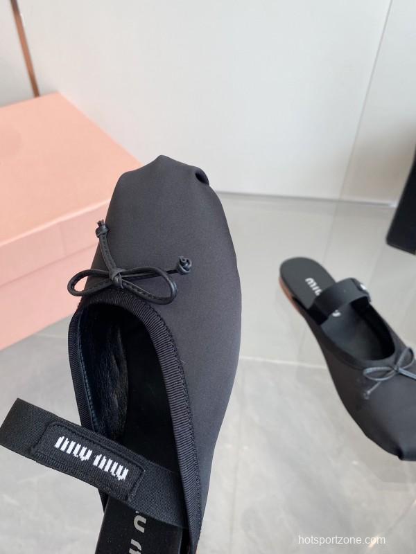 2025 Women Miu Miu Black Nylon Ballet Flats LY00380