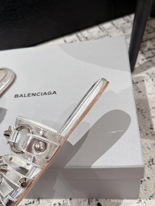 2025 Slippers Balenciaga Silver Leather Metal Buckle KFY00289