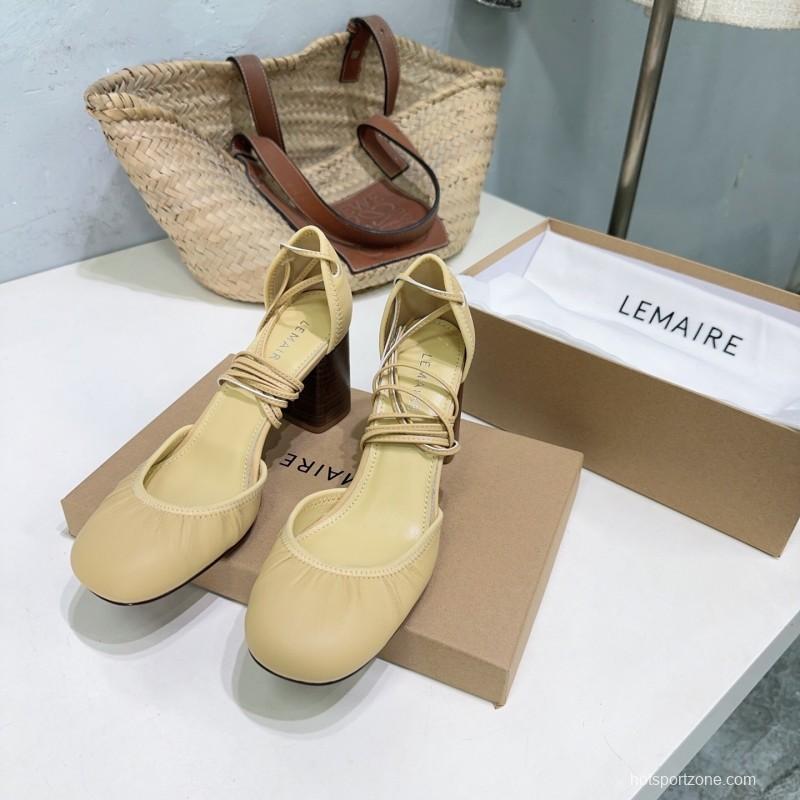 2025 Women LEMAIRE Pale Yellow Lambskin Mary Jane Heeled Shoes