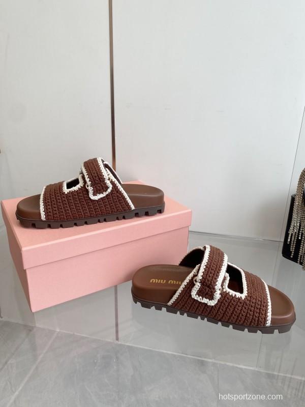 2025 Miu Miu Brown White Crochet Slippers KFY00290