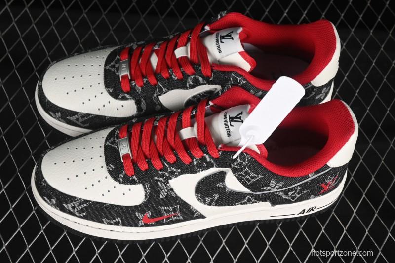 Nike Air Force 1 '07 Low LV Collaboration Black Denim Red Swoosh Casual Sneakers - LW9279-001