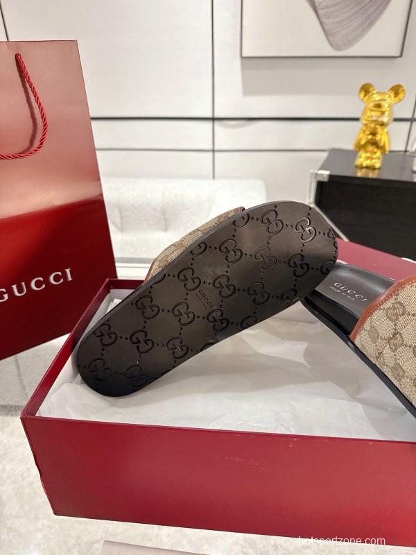 2025 Unisex Gucci Beige Brown Canvas Leather Slippers GG Embossed AS00240