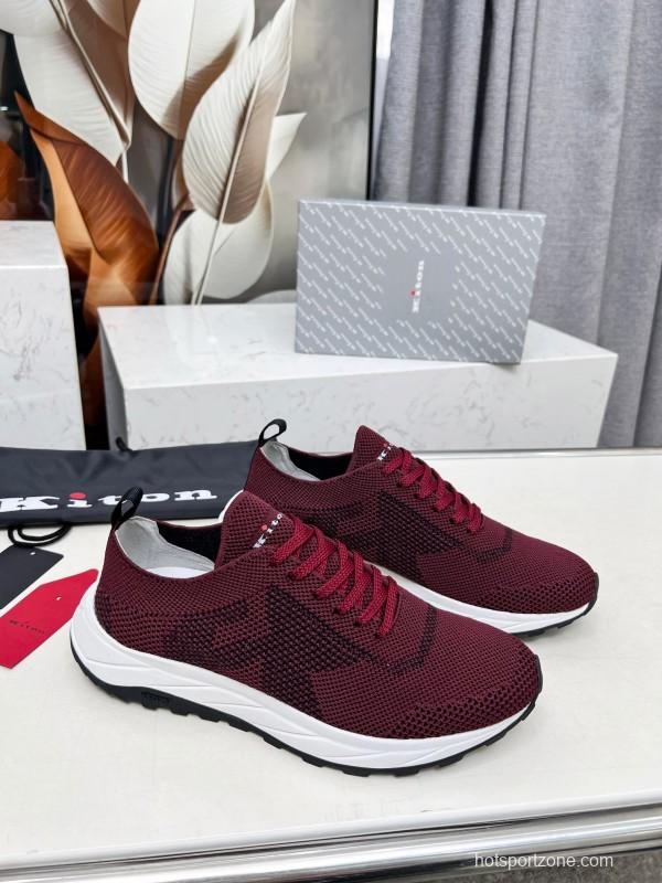 2025 Unisex Kiton Burgundy Knit Casual Sneakers Lightweight Rubber Sole AS00320