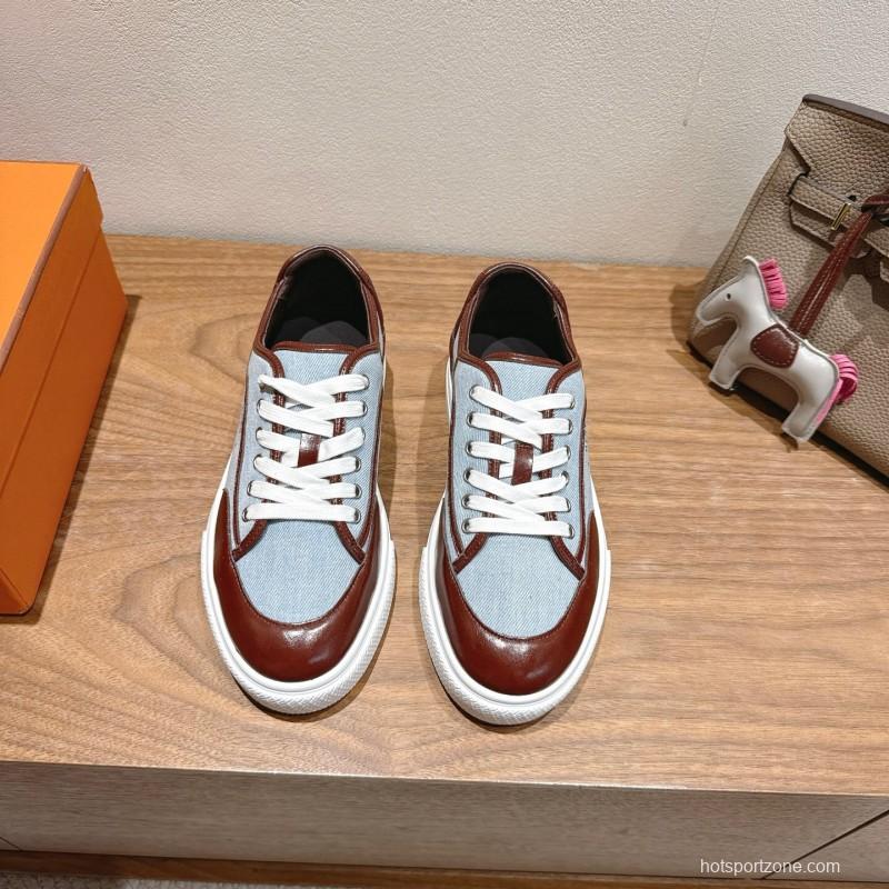 2025 Unisex H Brown Blue Leather Knit Sneakers AS00380