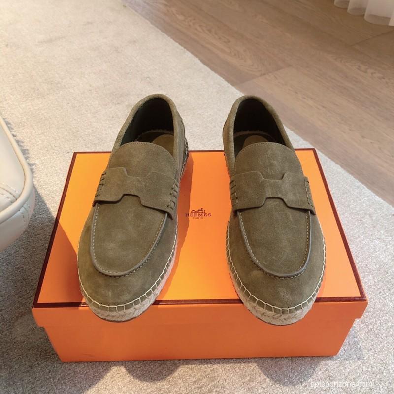 2025 Unisex Hermès Olive Suede Calfskin Loafers AS00380