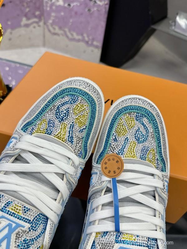 2025 Unisex Louis Vuitton Blue Yellow White Leather Denim Plimsolls Handcrafted Rhinestone AS00400