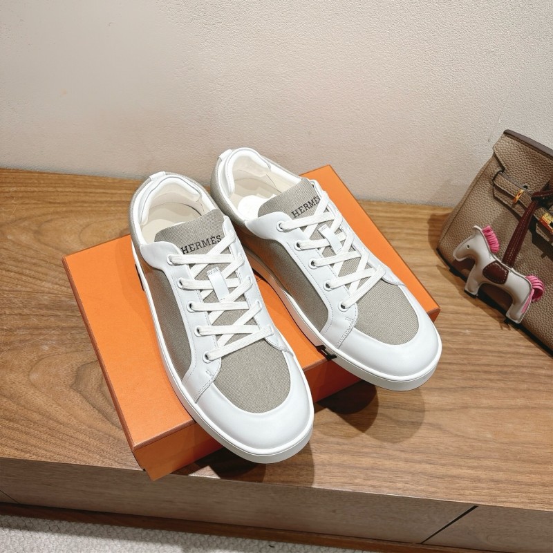 2025 Unisex Hermès White Light Grey Leather Fabric Sneakers AS00380
