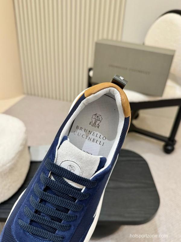 2025 Men Brunello Cucinelli Navy White Brown Calfskin Leather Sneakers AS00320